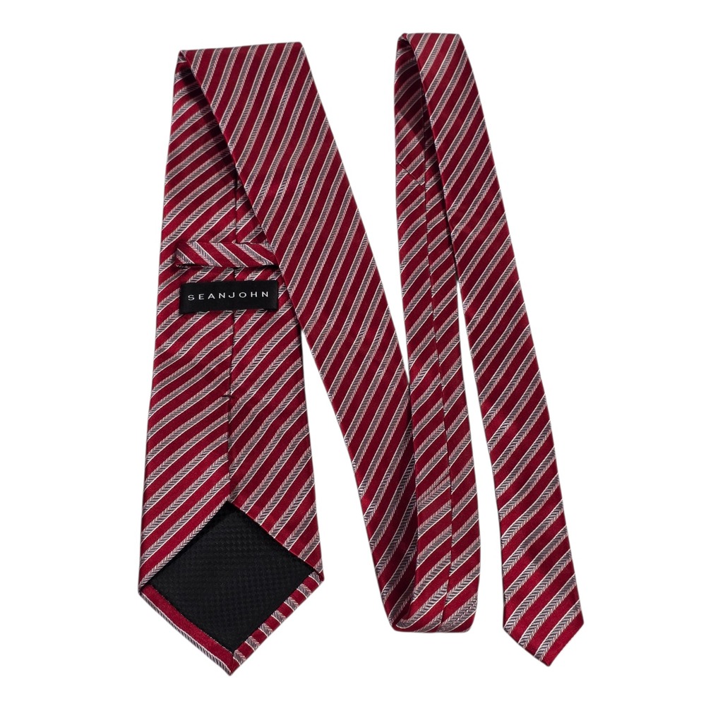 Sean John‎ Mens Necktie Red Gray Metallic Striped Classic Long Designer Business